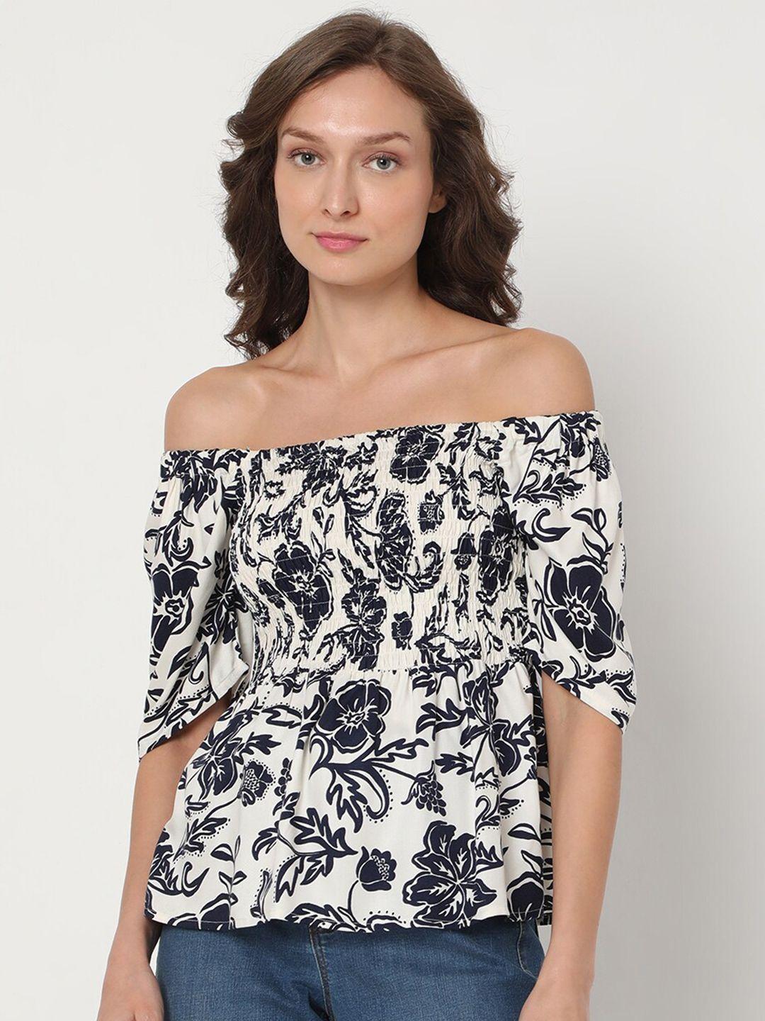 vero moda off white & black floral print off-shoulder top