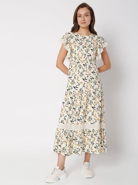 vero moda off white printed fit & flare dress