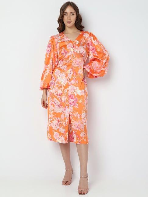 vero moda orange & light pink floral print a line dress