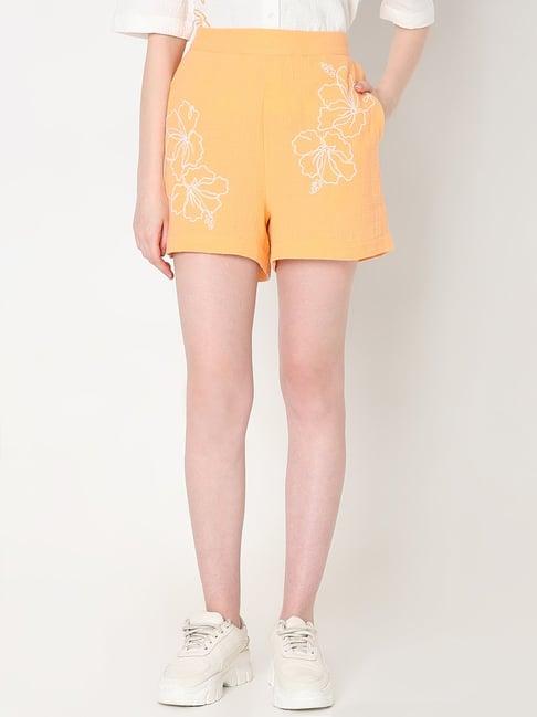 vero moda orange & white cotton embroidered shorts