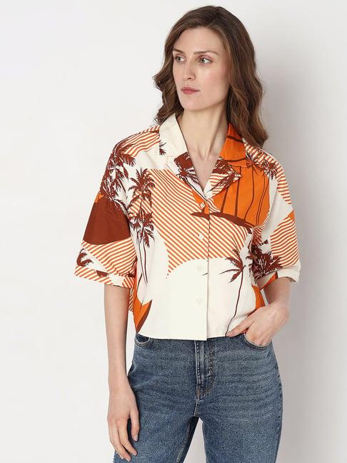 vero moda orange & white cotton printed shirt