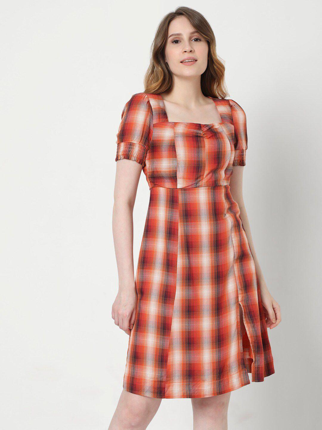 vero moda orange checked dress