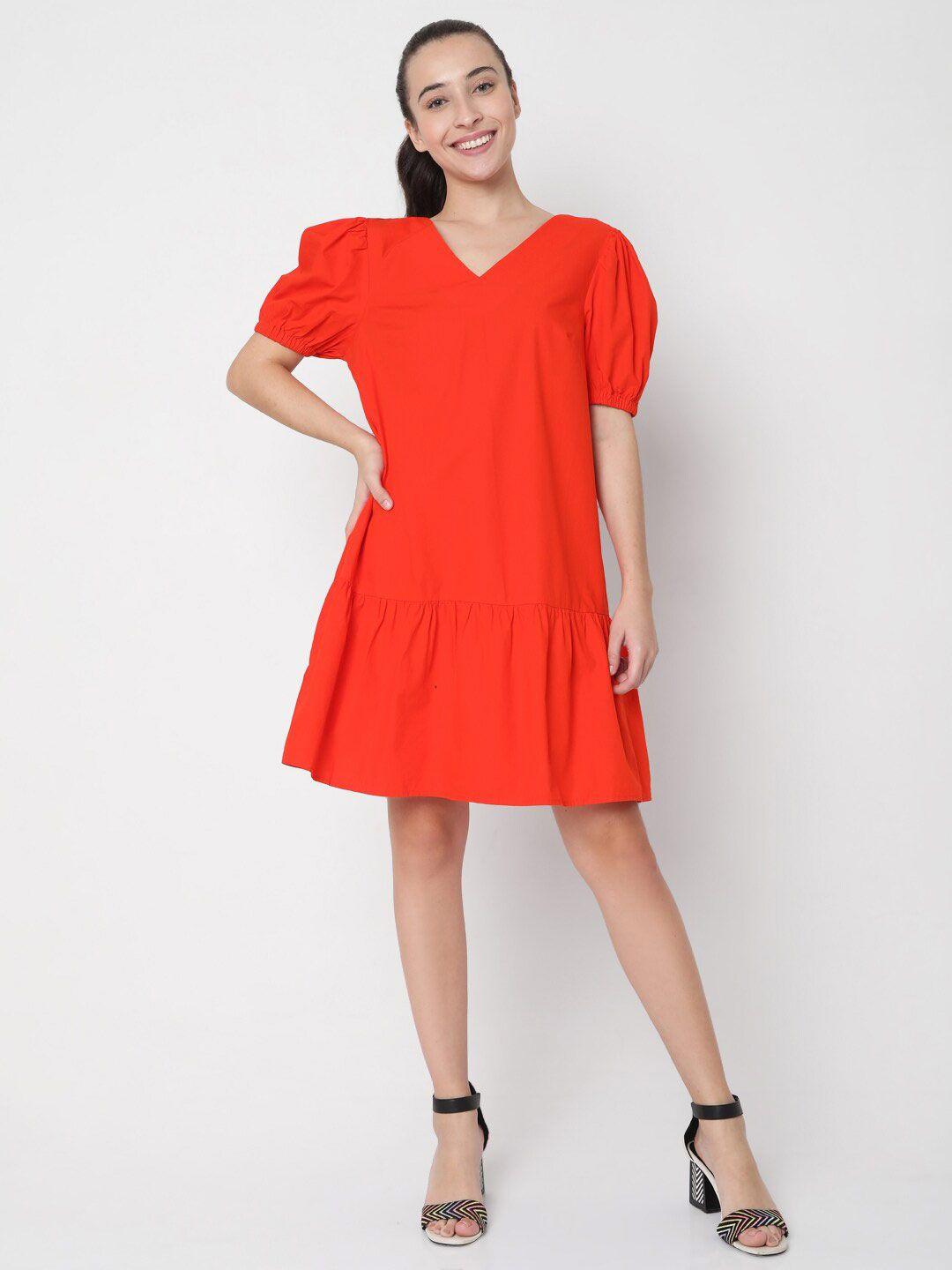 vero moda orange cotton drop-waist dress
