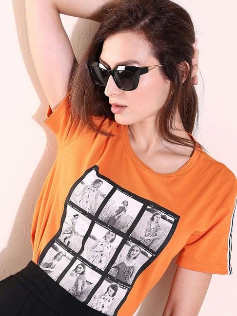 vero moda orange cotton printed t-shirt