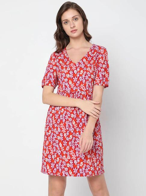 vero moda orange floral print a line dress