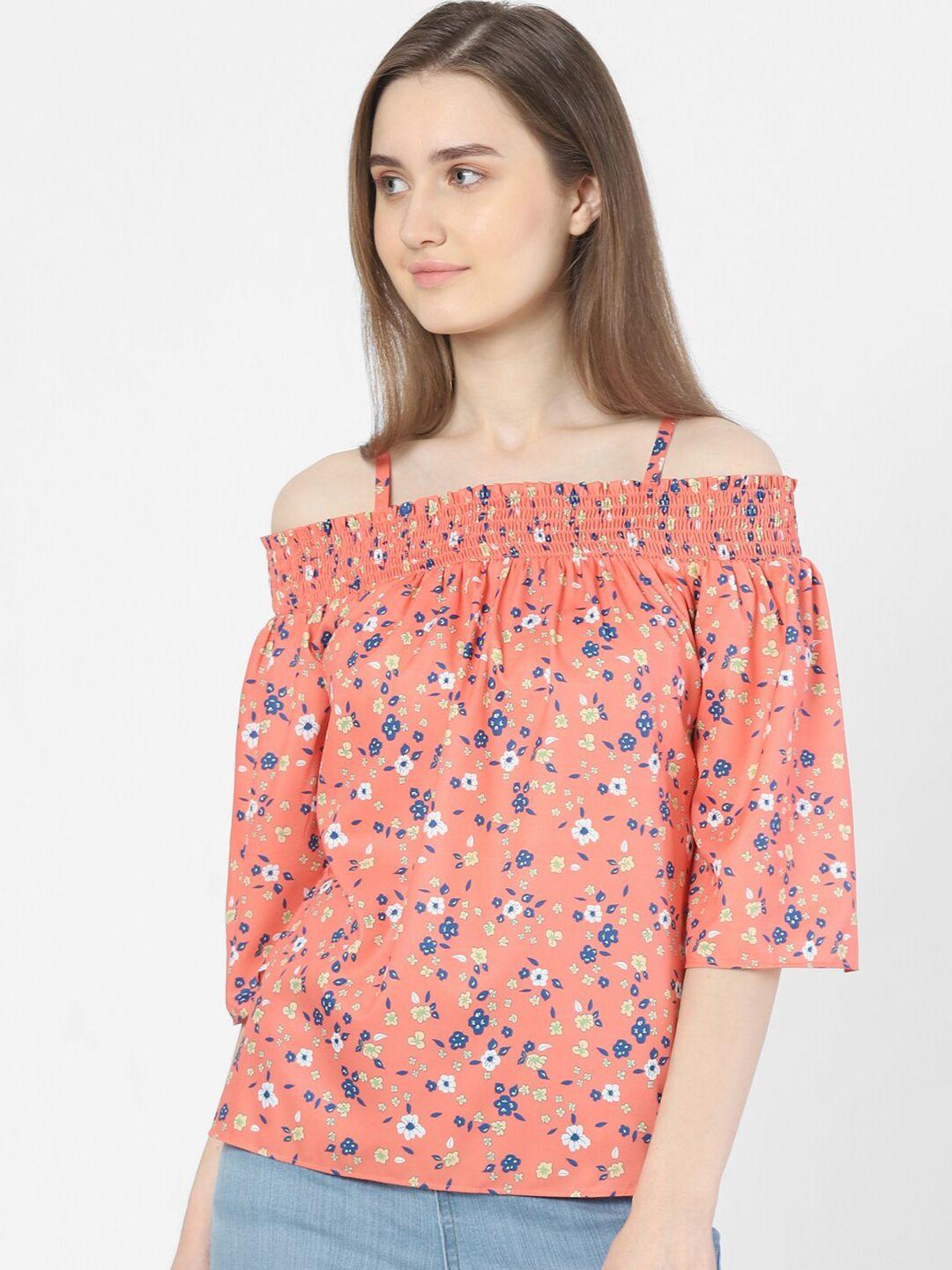 vero moda orange floral print off-shoulder bardot top