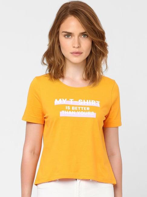 vero moda orange printed round neck t-shirt