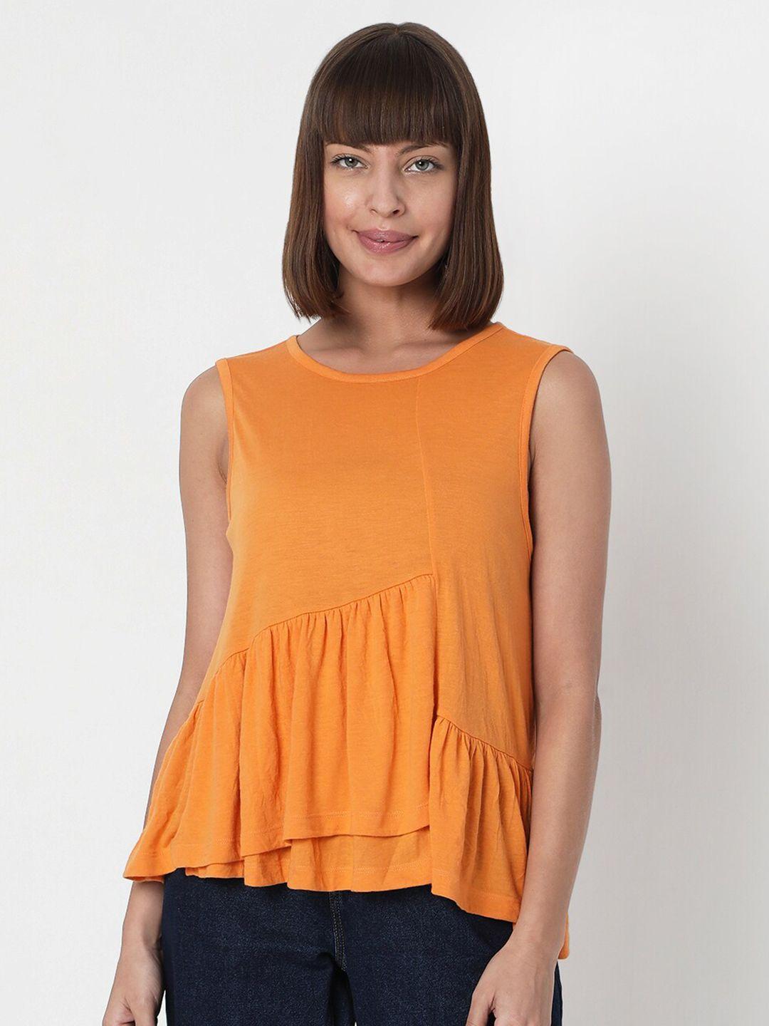vero moda orange sleeveless gathered a-line top
