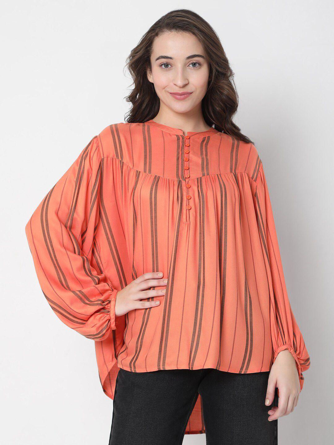 vero moda orange striped mandarin collar pure cotton high-low top