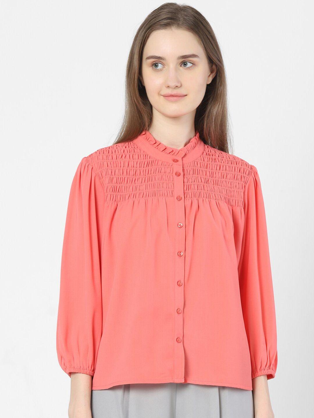 vero moda peach-coloured mandarin collar smocked shirt style top