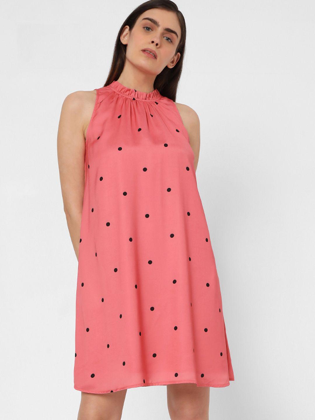 vero moda pink & black polka dots printed a-line dress