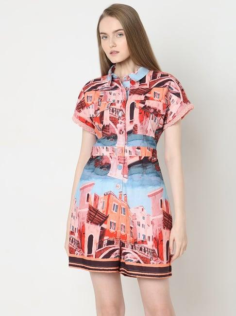 vero moda pink & blue cotton printed playsuit