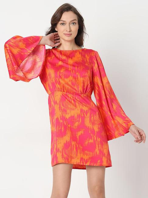 vero moda pink & orange printed a line dress