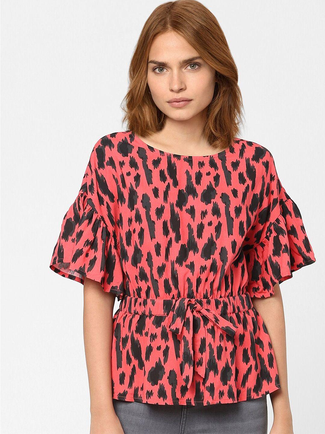 vero moda pink animal print cinched waist top