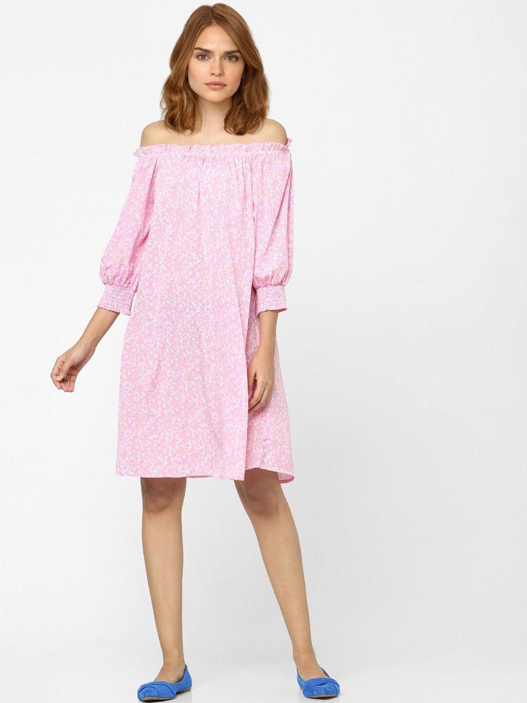 vero moda pink floral off-shoulder a-line dress
