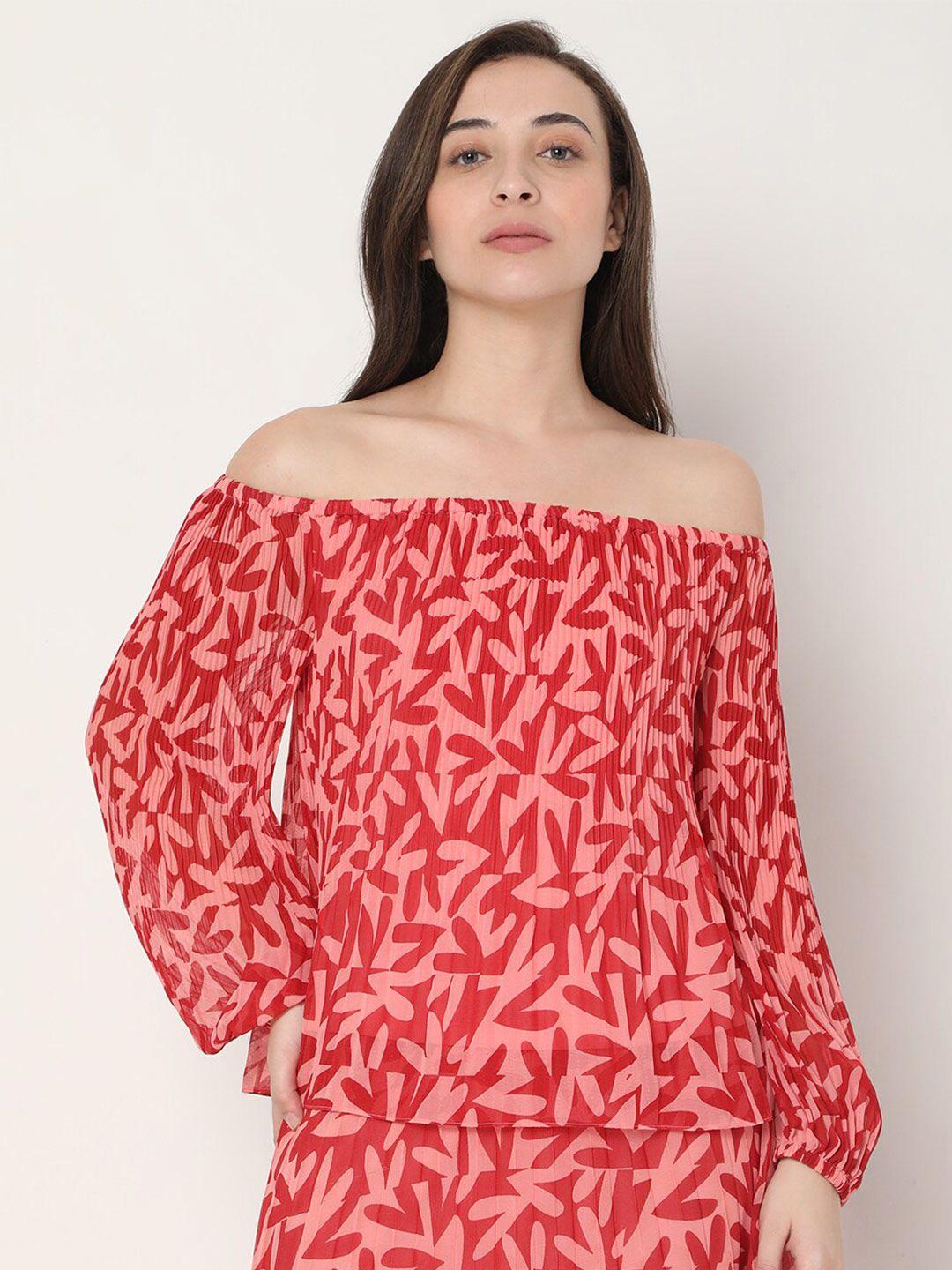 vero moda pink print off-shoulder bishop sleeves bardot top