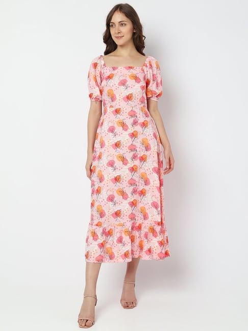 vero moda pink printed fit & flare dress