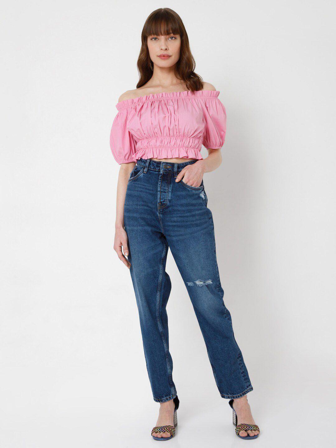 vero moda pink solid off-shoulder cotton bardot crop top