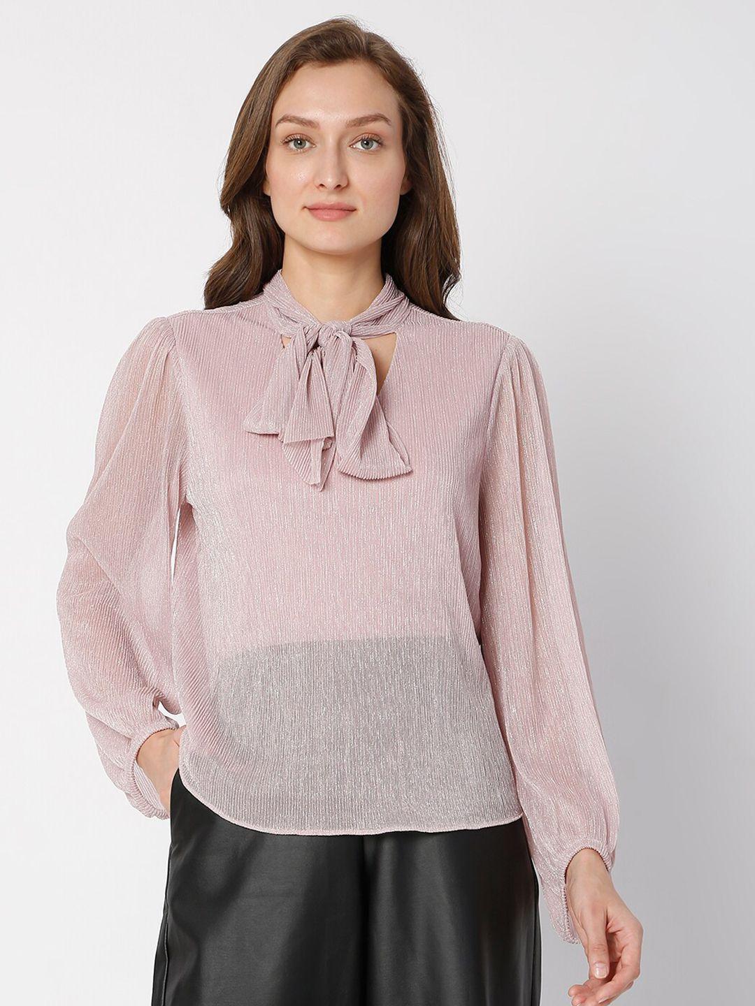 vero moda pink tie-up neck bishop sleeves top