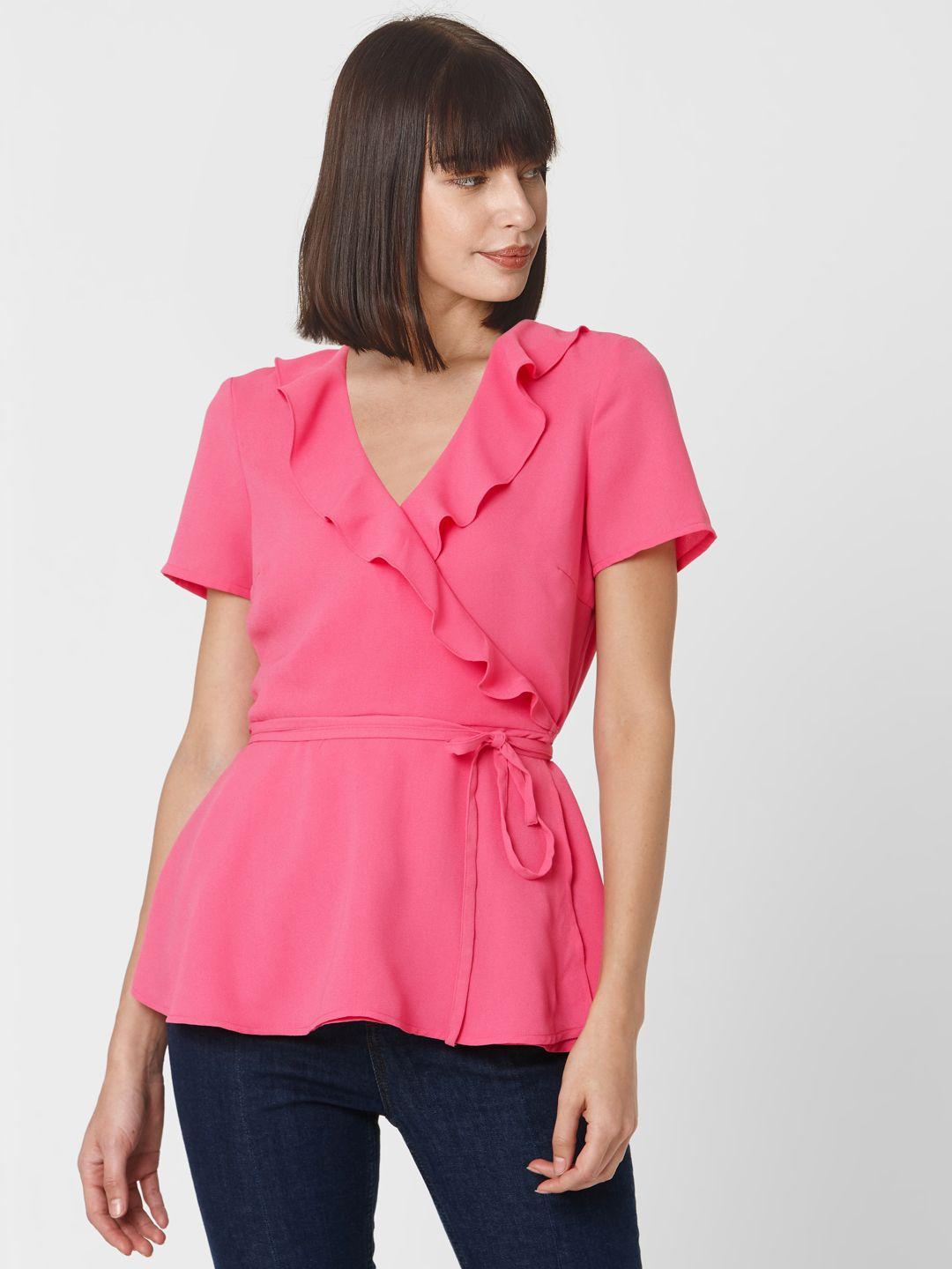 vero moda pink waist tie-ups detailing wrap top with ruffles