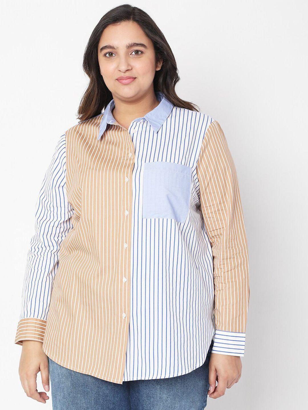 vero moda plus size women blue & brown striped casual shirt