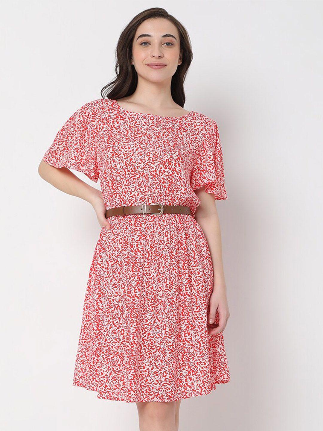 vero moda printed flutter sleeve fit & flare knee length dress