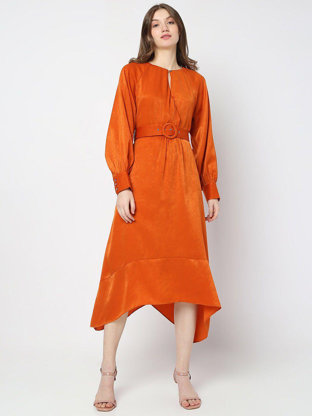 vero moda puff sleeve a-line midi dress with belt