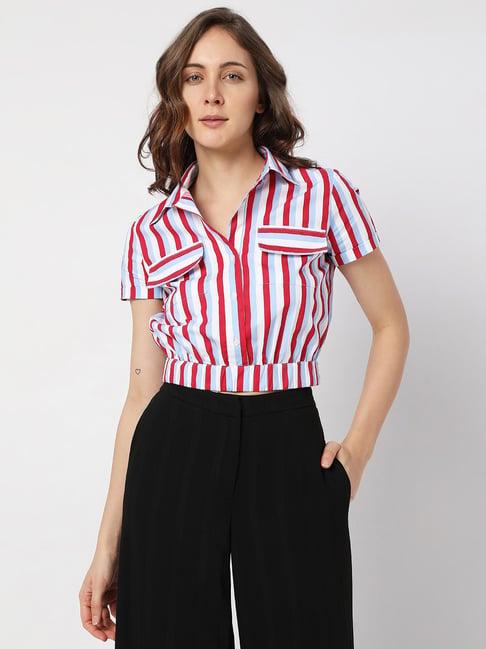 vero moda red & blue cotton striped crop shirt