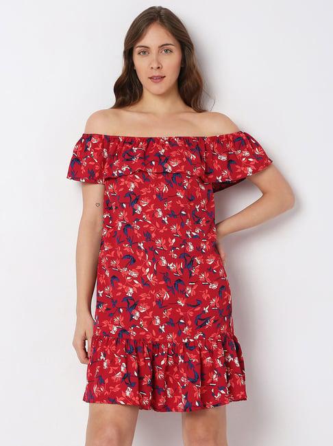 vero moda red & blue floral print a line dress