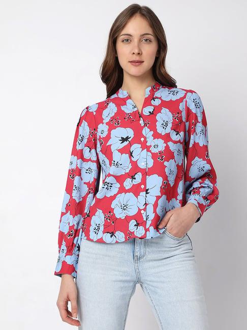 vero moda red & blue floral print shirt