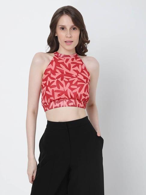 vero moda red & pink floral print crop top