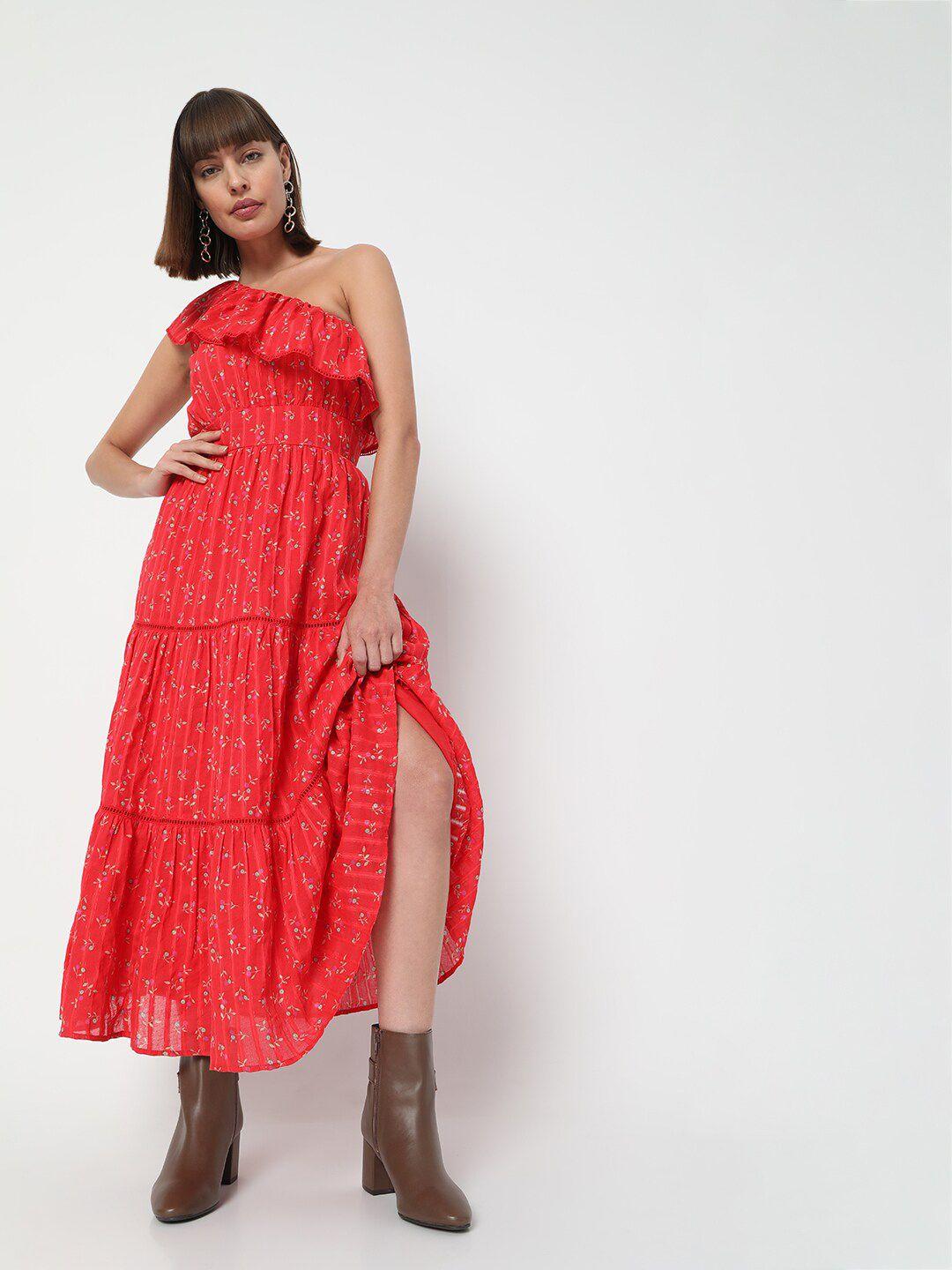 vero moda red floral one shoulder tiered maxi dress
