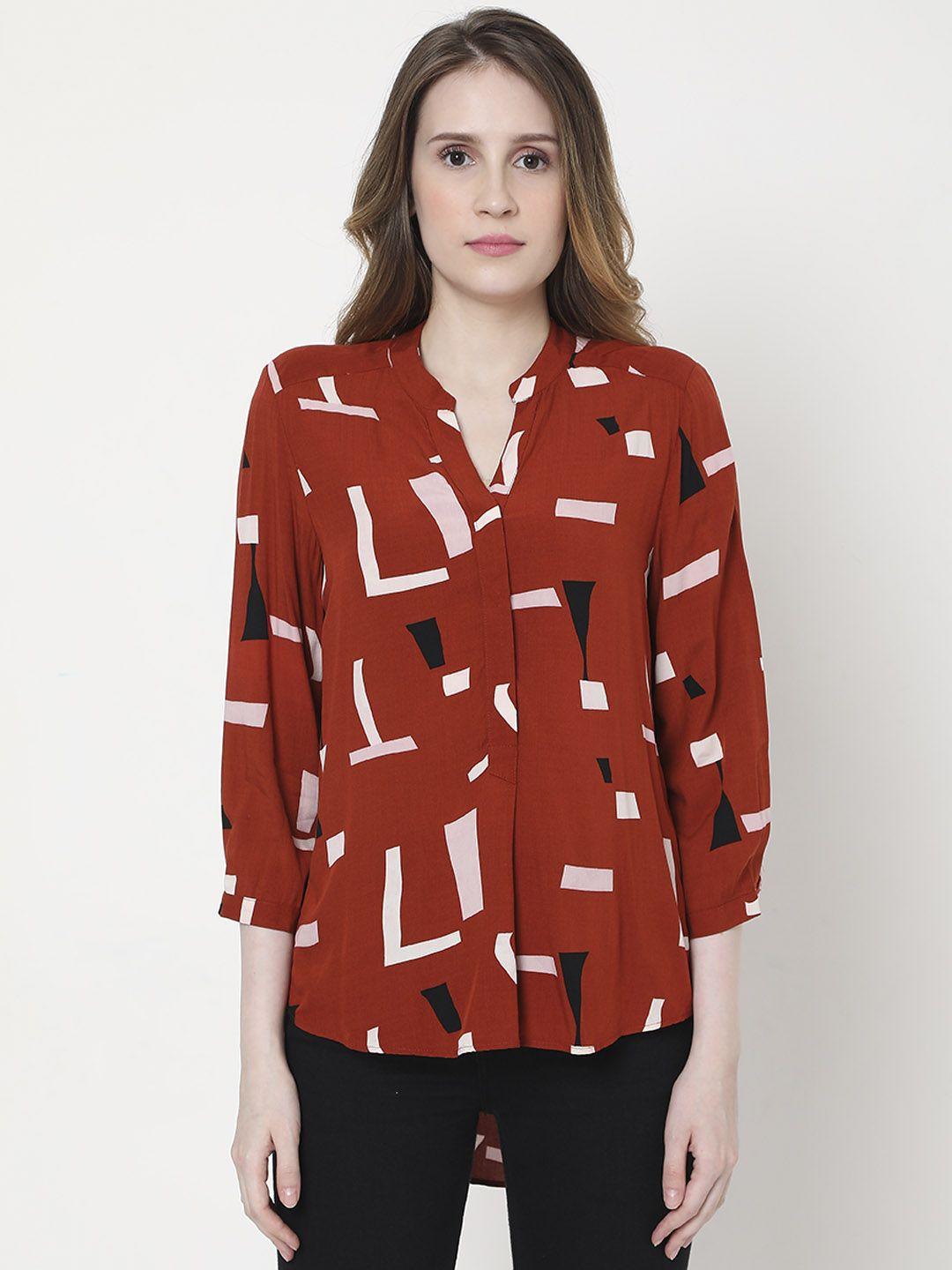 vero moda red geometric mandarin collar roll-up sleeves shirt style top