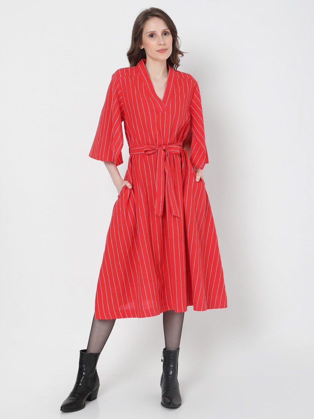 vero moda red striped midi dress with slit sleeves