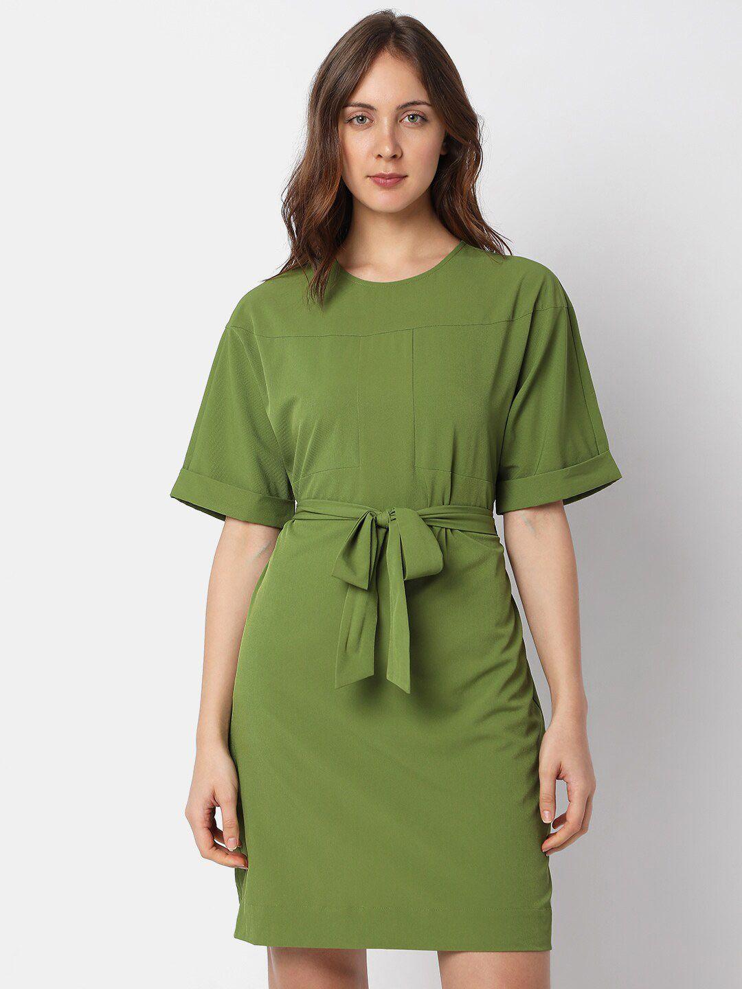 vero moda round neck a-line mini dress with belt