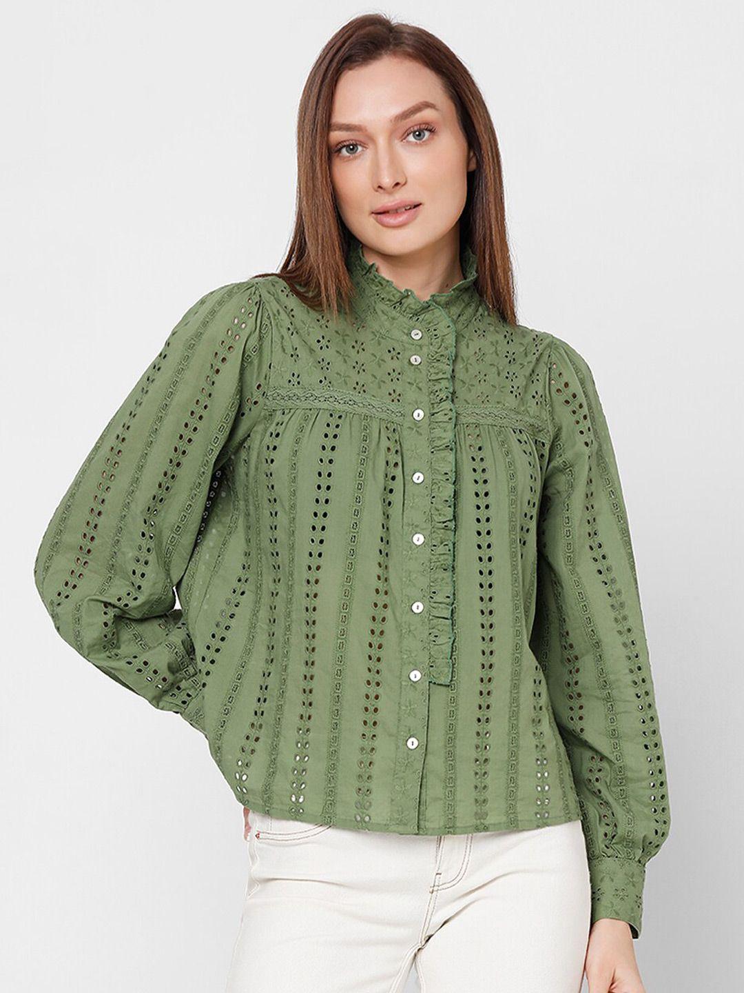 vero moda schiffli self design shirt collar puff sleeves cotton shirt style top