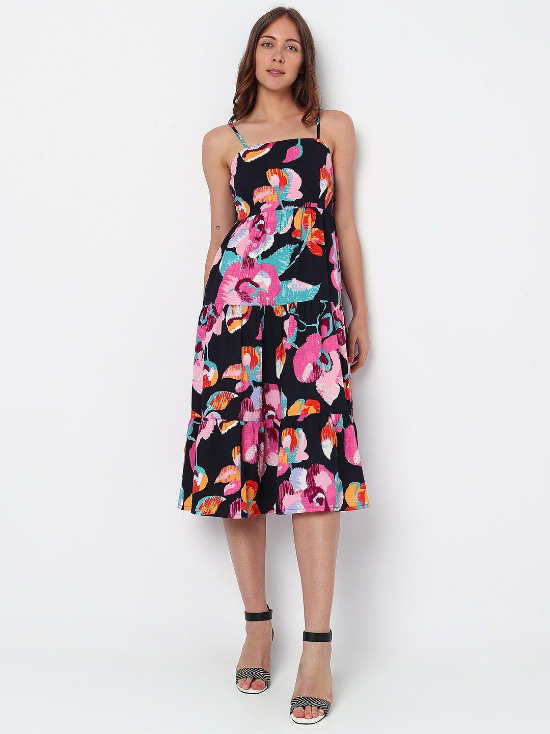 vero moda shoulder straps floral printed smocked tiered a-line dress