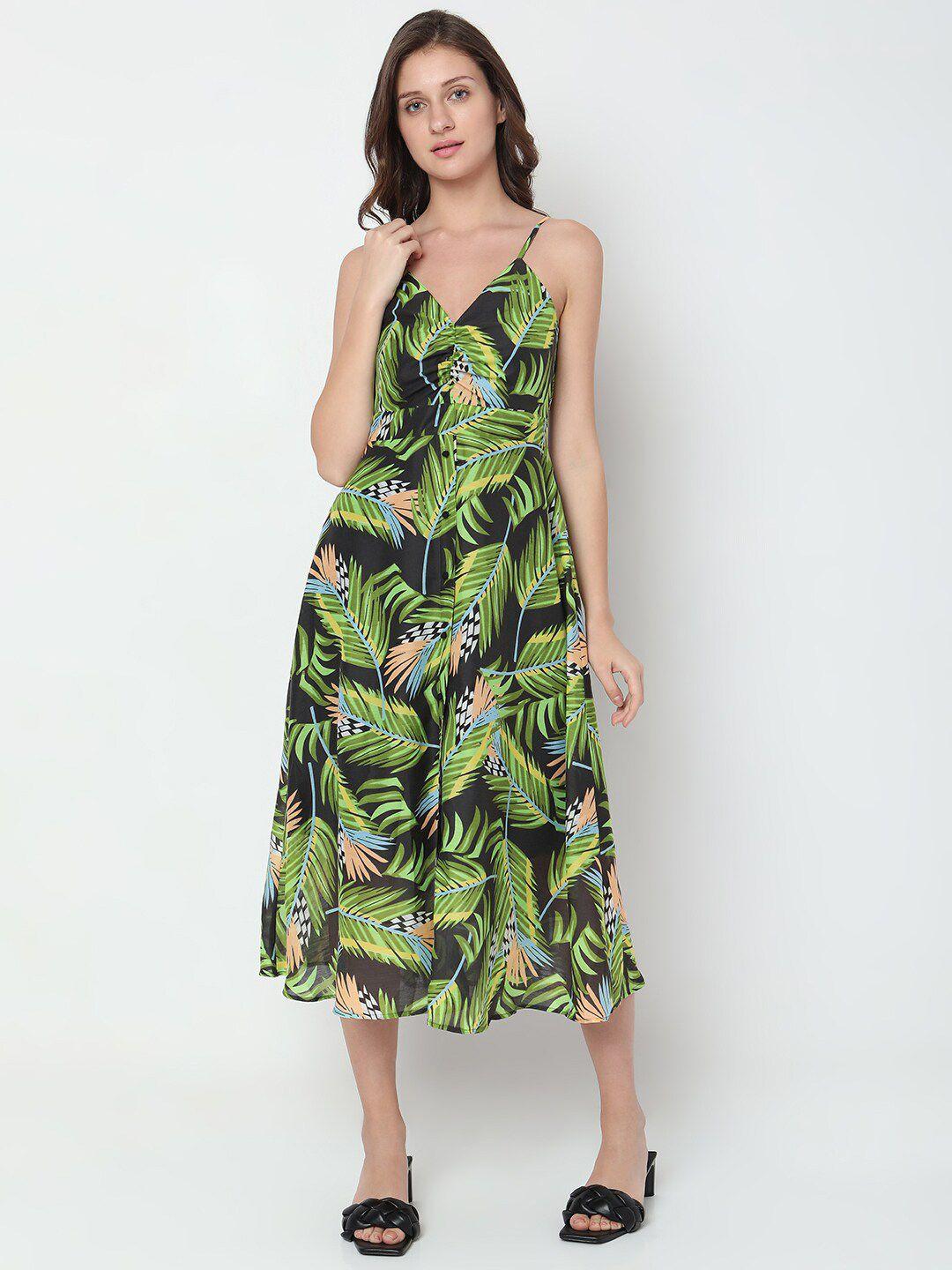 vero moda shoulder straps tropical printed smocked a-line midi dress