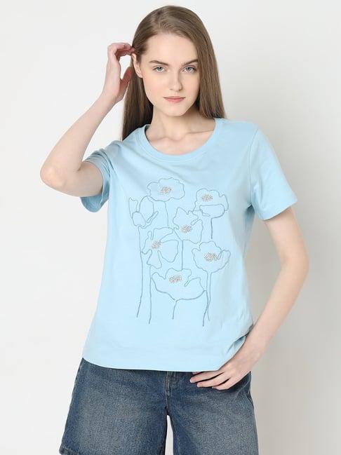 vero moda sky blue cotton embellished t-shirt