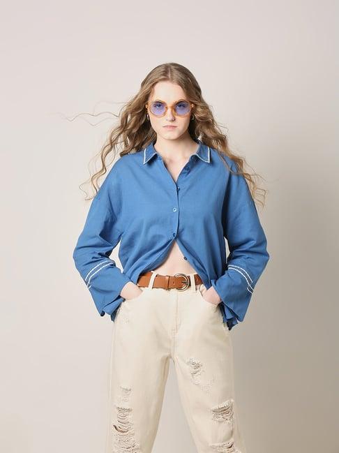 vero moda sky blue cotton regular fit shirt