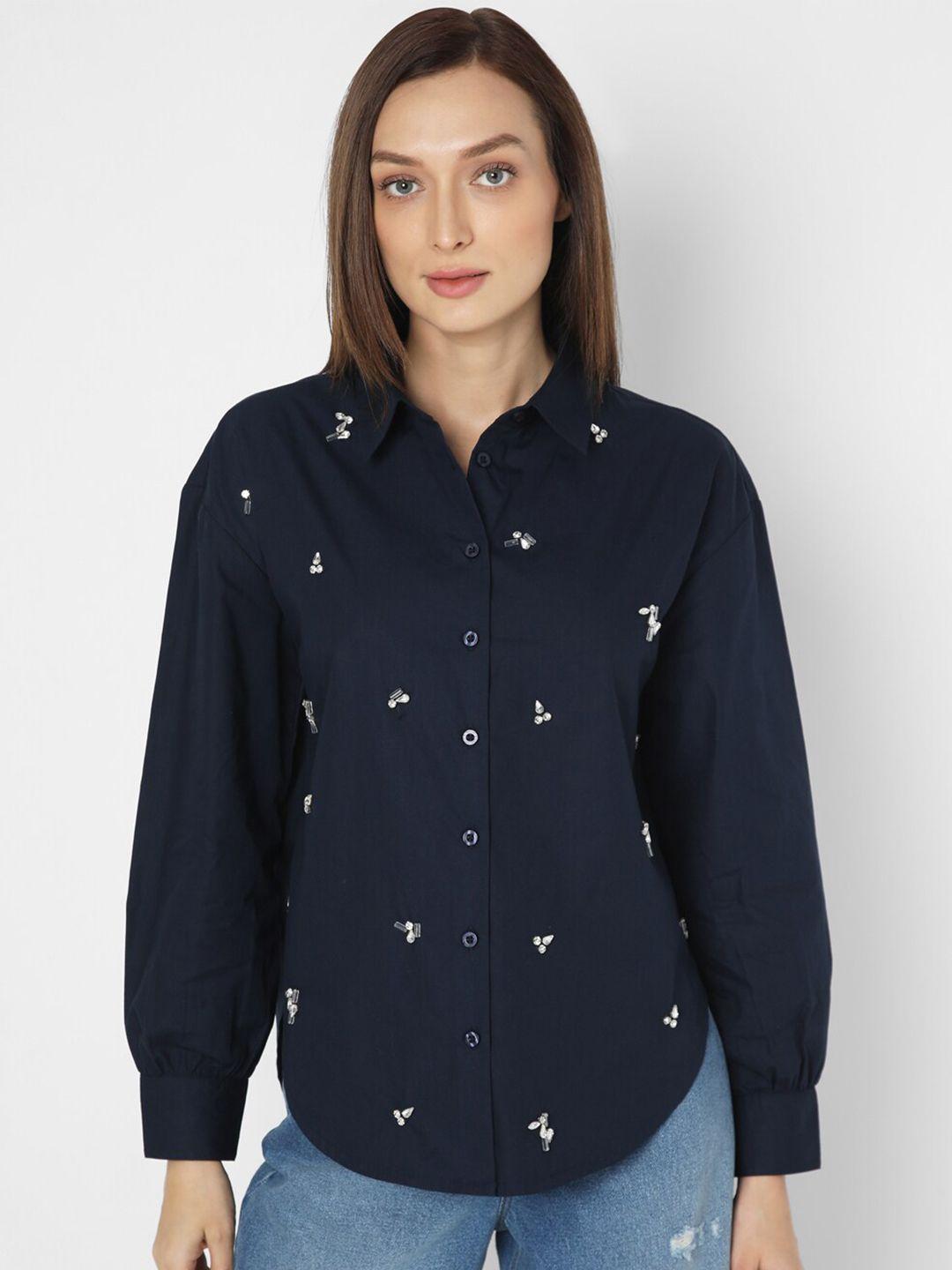 vero moda spread collar embellished cotton casual shirt