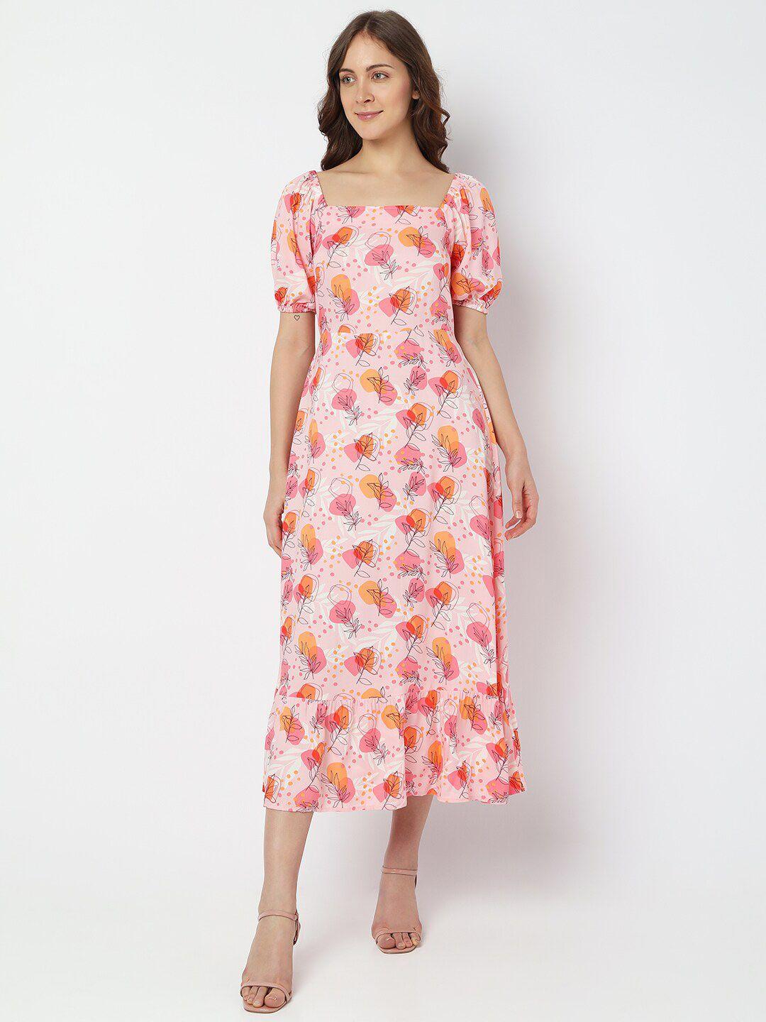 vero moda square neck floral printed tie up midi a-line dress