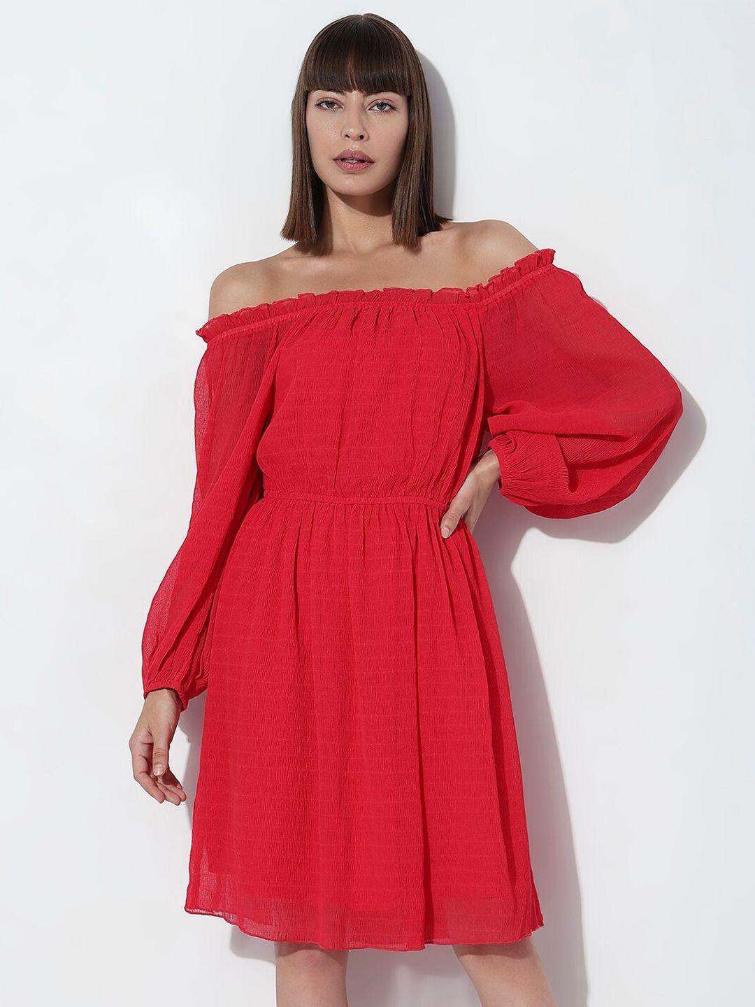 vero moda striped off-shoulder fit & flare midi dress