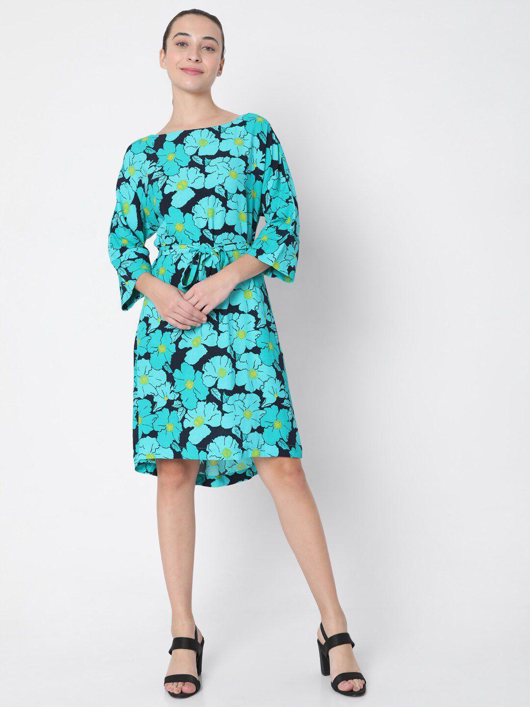 vero moda teal floral print a-line midi dress