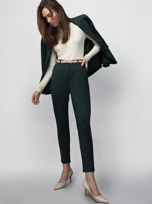 vero moda teal slim fit mid rise trousers