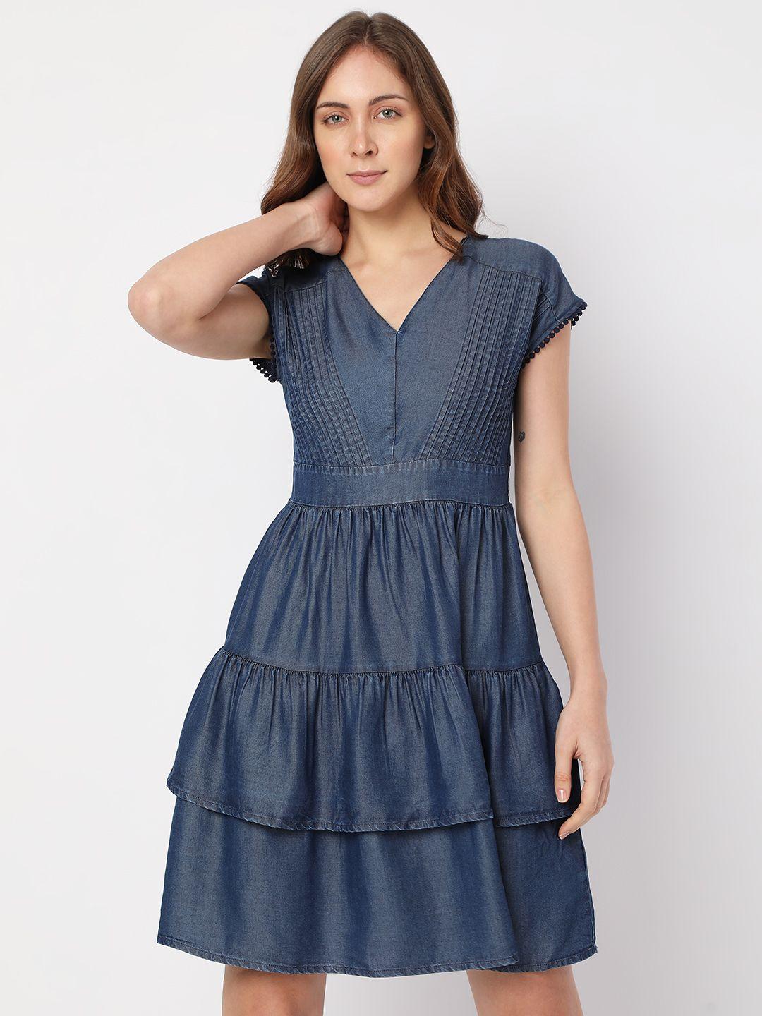 vero moda tiered v-neck mini fit and flare dress