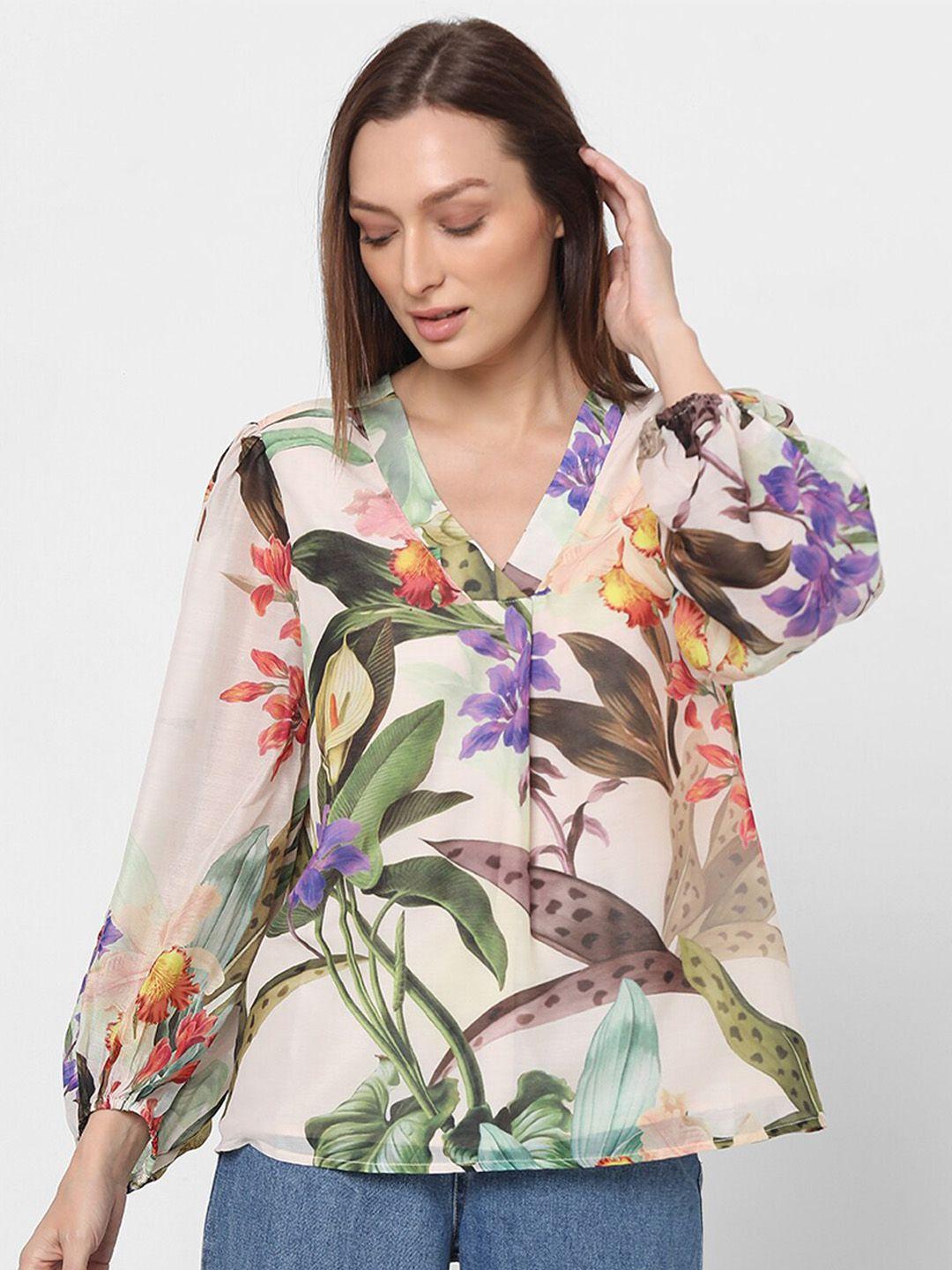 vero moda tropical printed v-neck bishop sleeves top