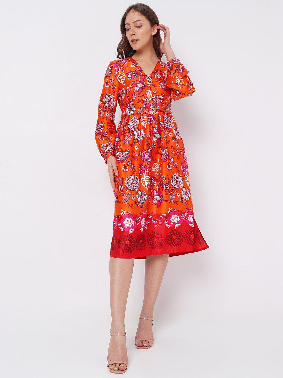 vero moda v-neck cuffed sleeves floral fit & flare dress