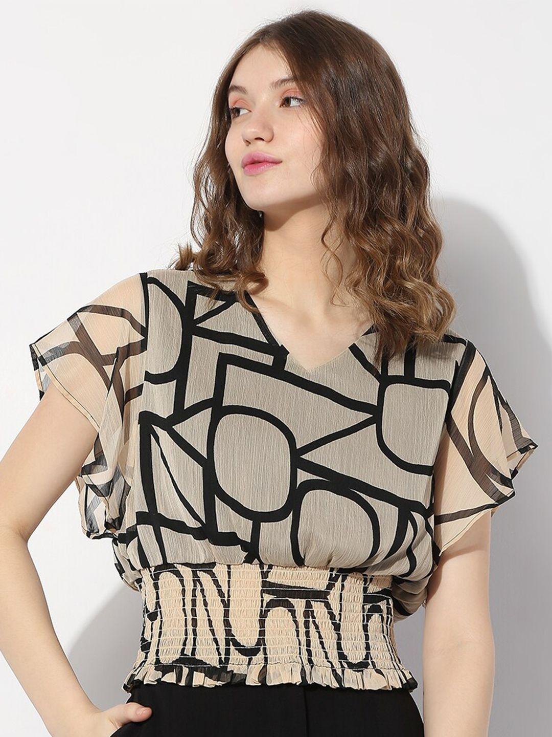 vero moda v-neck geometric printed smocking blouson top