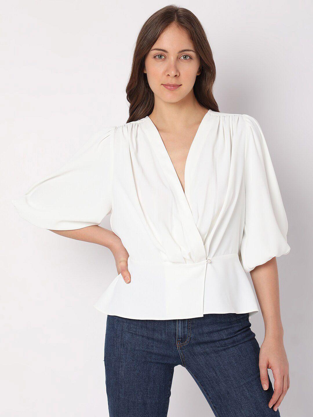 vero moda v-neck puff sleeves cinched waist top